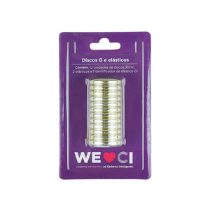 Discos e elástico dourado para o Caderno Inteligente G Embalagem Frente