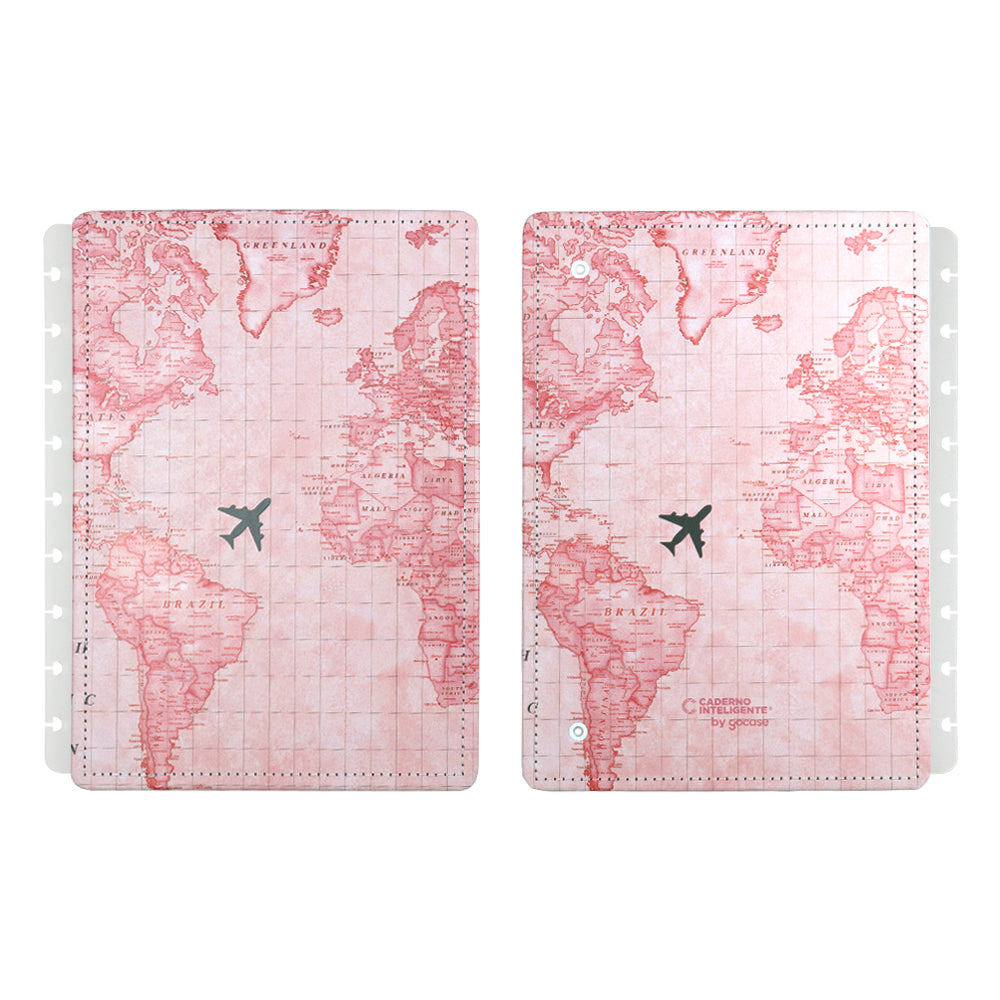 Capa e contracapa para Caderno Inteligente Mapa Mundi Rosa Médio (Planner)