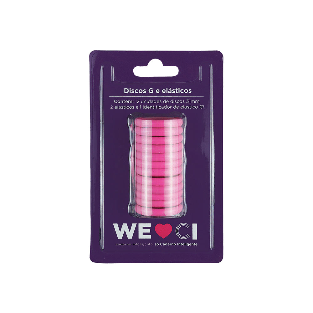 Discos e elástico Super Pink para o Caderno Inteligente G Embalagem Frente