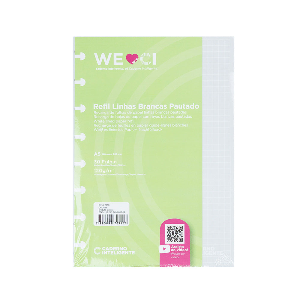 Folhas linhas brancas quadriculadas 120g para Caderno Inteligente A5 Embalagem Frente