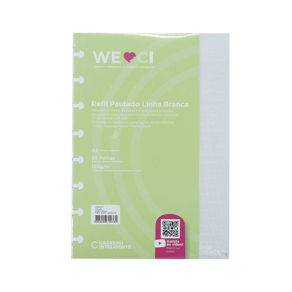Folhas linhas brancas pautado 120g para Caderno Inteligente A5 Embalagem Frente