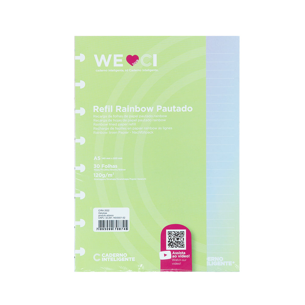 Folhas linhas brancas pautado Rainbow 120g para Caderno Inteligente A5 Embalagem Frente